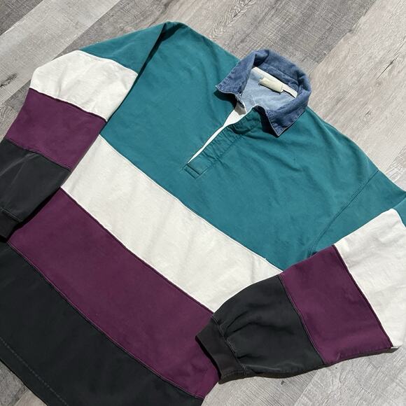 VTG Willow Bay Striped Rugby Polo Purple/Teal 90s Denim Collar Preppy Striped L - Picture 2 of 4